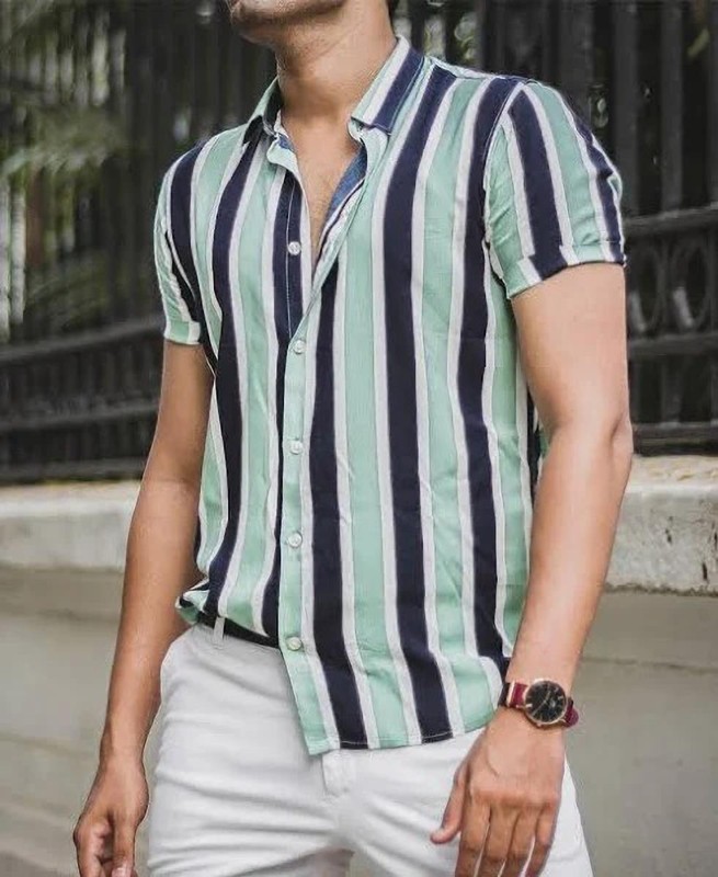 Men Regular, Super Slim Fit Striped Ribbed Collar Casual Shirt