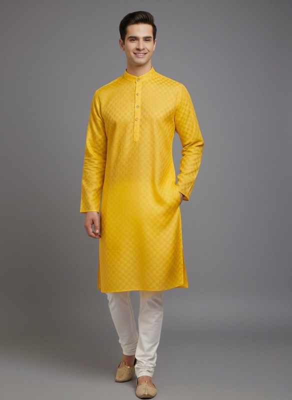Men Solid Cotton Blend Straight Kurta  (Yellow)