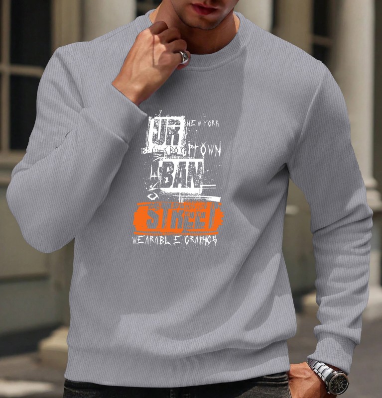 Men Printed Round Neck Polyester Grey T-shirt