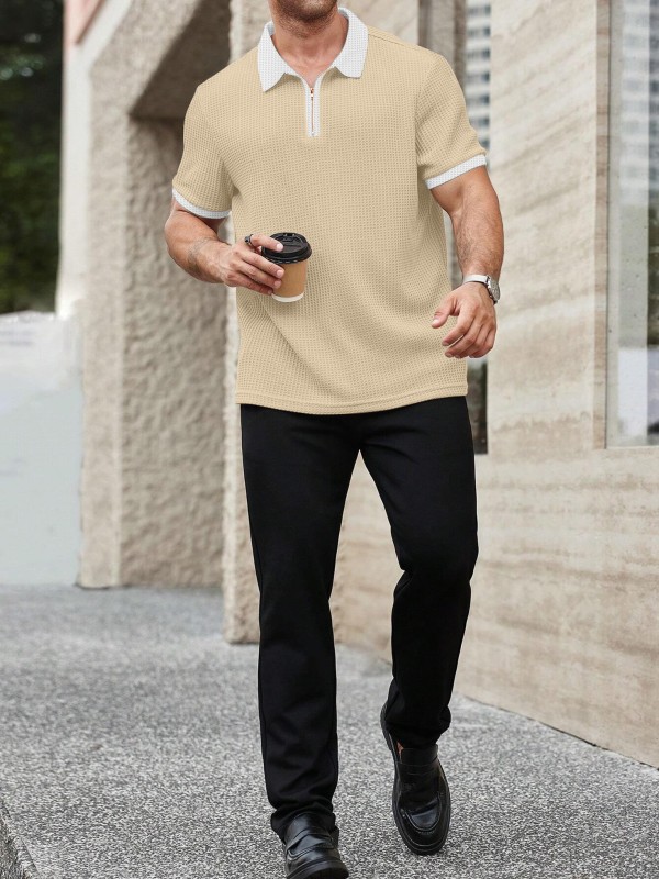 Men Self Design Polo Neck Polyester Beige T-Shirt